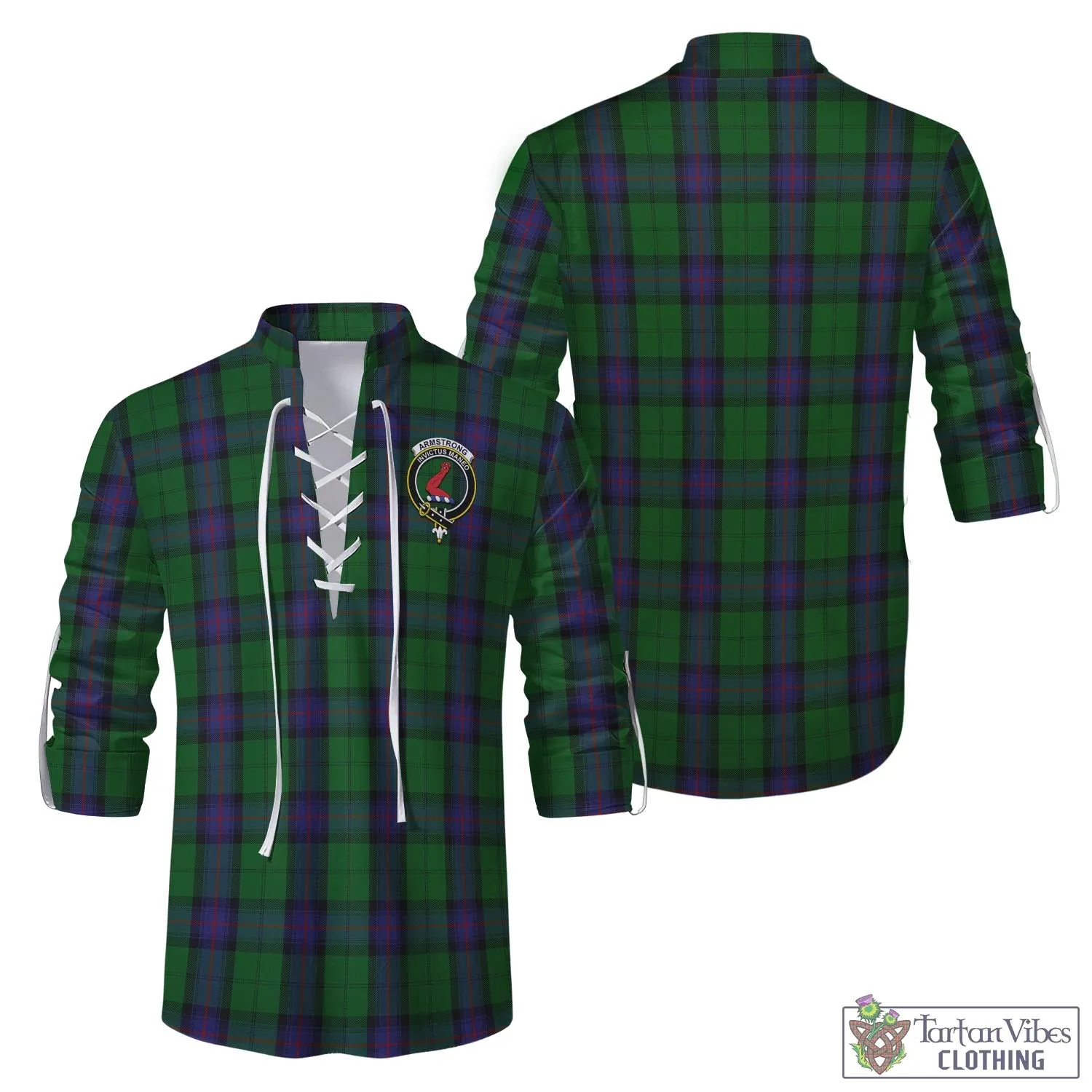 Armstrong Tartan Men's Scottish Traditional Jacobite Ghillie Kilt Shirt with Family Crest