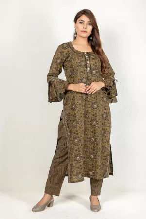 Army Green Cotton Printed Kurta With Pants Set