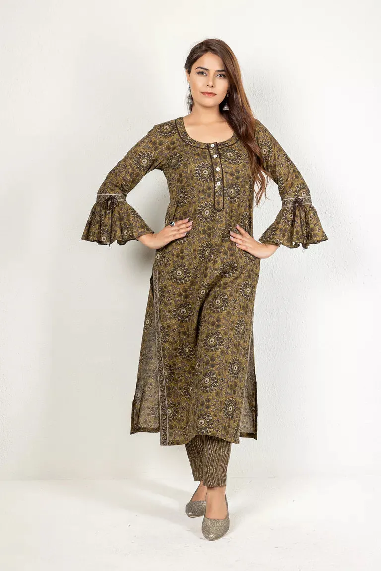 Army Green Cotton Printed Kurta With Pants Set