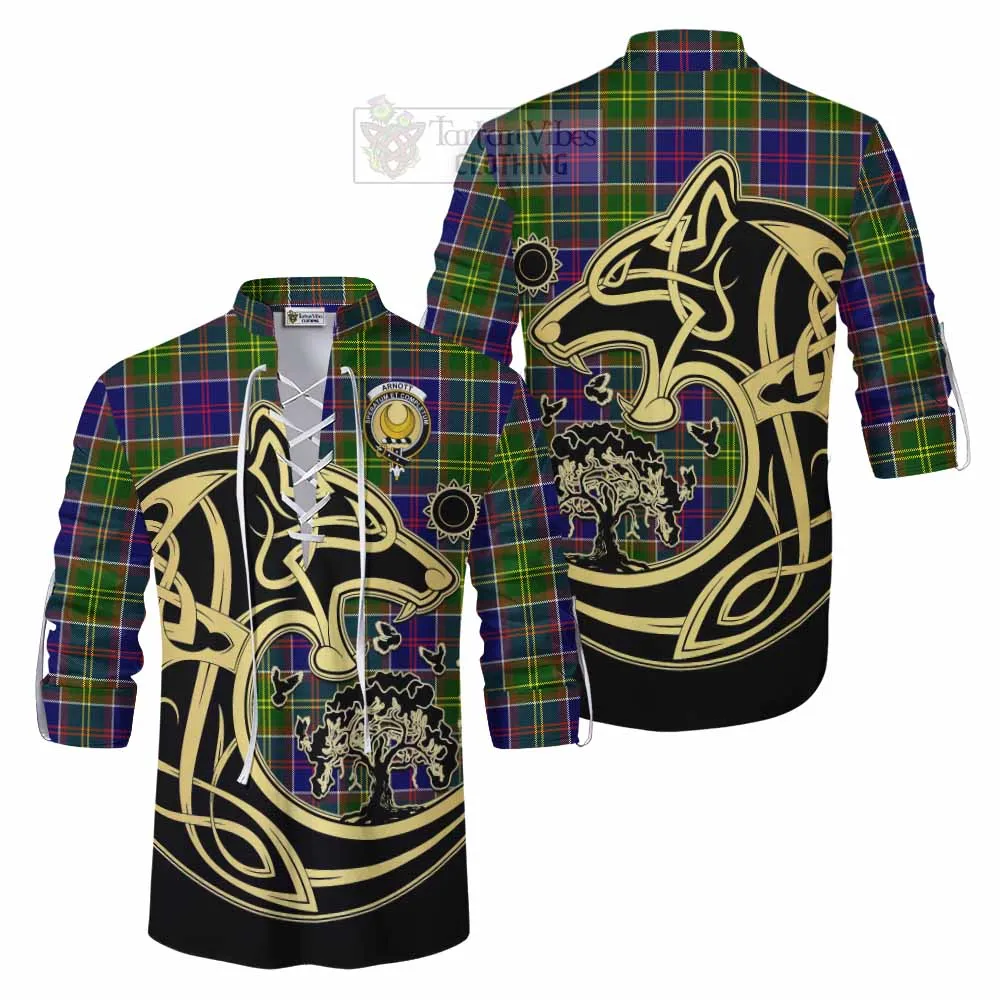 Arnott Tartan Ghillie Kilt Shirt with Family Crest Celtic Wolf Style