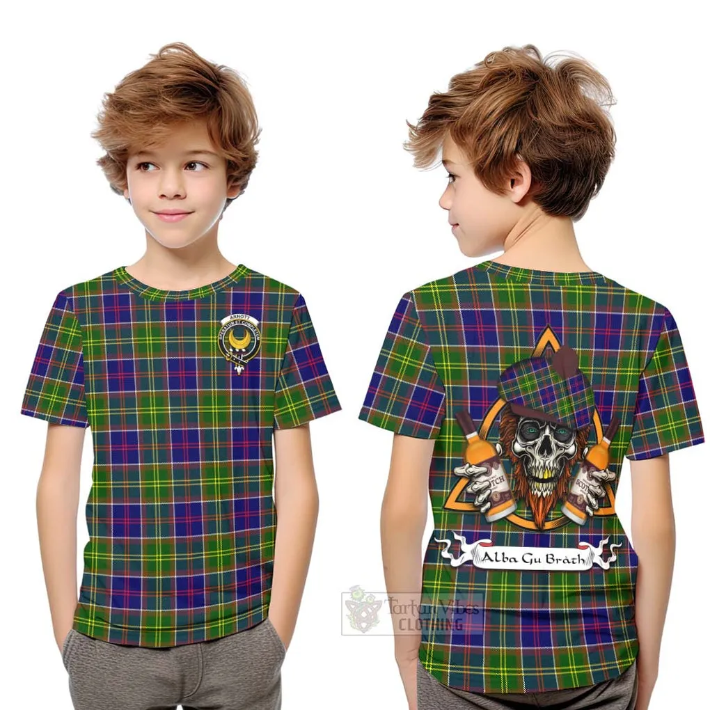 Arnott Tartan Kid T-Shirt with Family Crest and Bearded Skull Holding Bottles of Whiskey