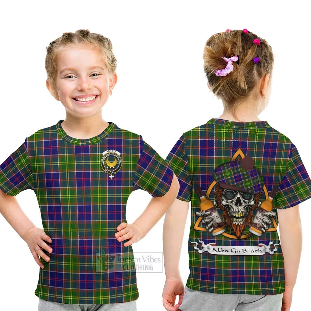 Arnott Tartan Kid T-Shirt with Family Crest and Bearded Skull Holding Bottles of Whiskey