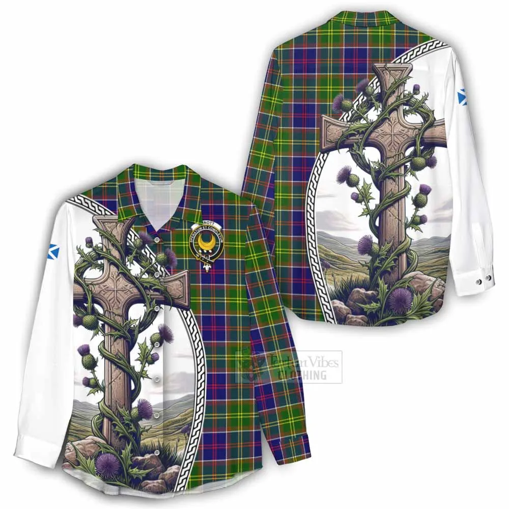 Arnott Tartan Women's Casual Shirt with Family Crest and St. Andrew's Cross Accented by Thistle Vines