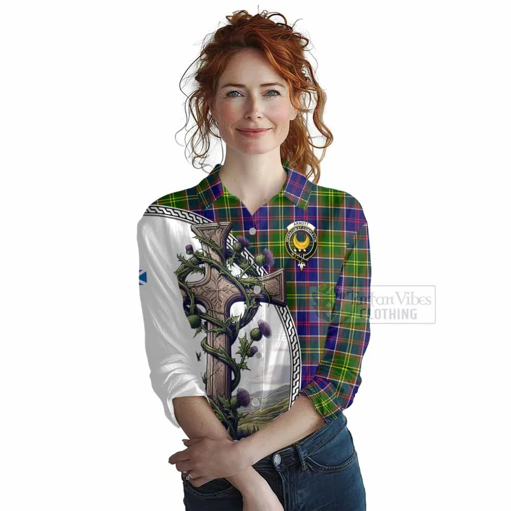 Arnott Tartan Women's Casual Shirt with Family Crest and St. Andrew's Cross Accented by Thistle Vines