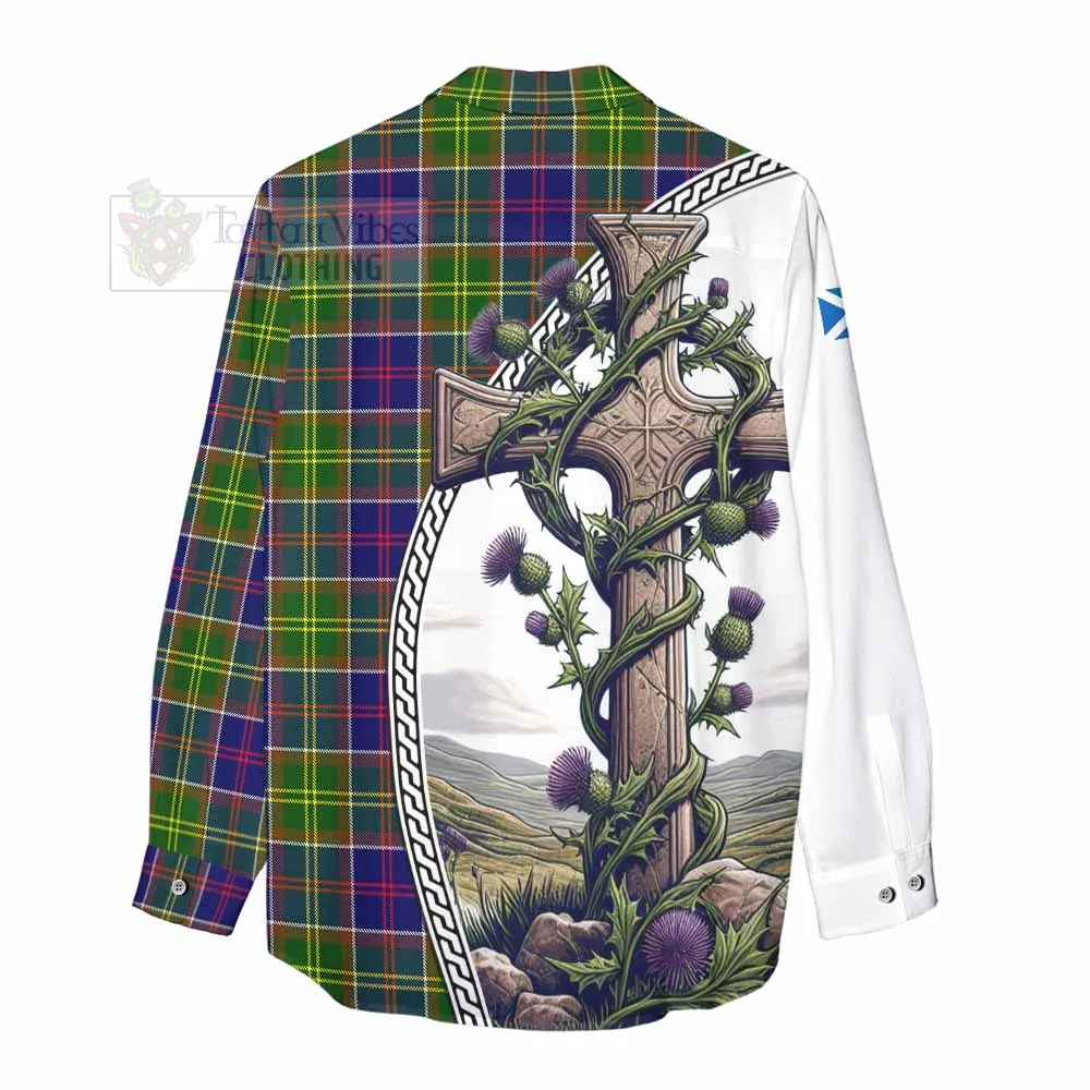 Arnott Tartan Women's Casual Shirt with Family Crest and St. Andrew's Cross Accented by Thistle Vines