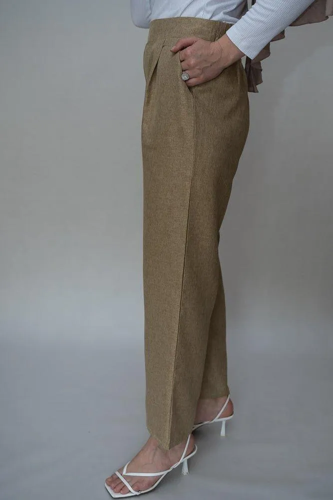 Aroa high waist wide leg palazzo trouser in khaki with pockets bisht fabric