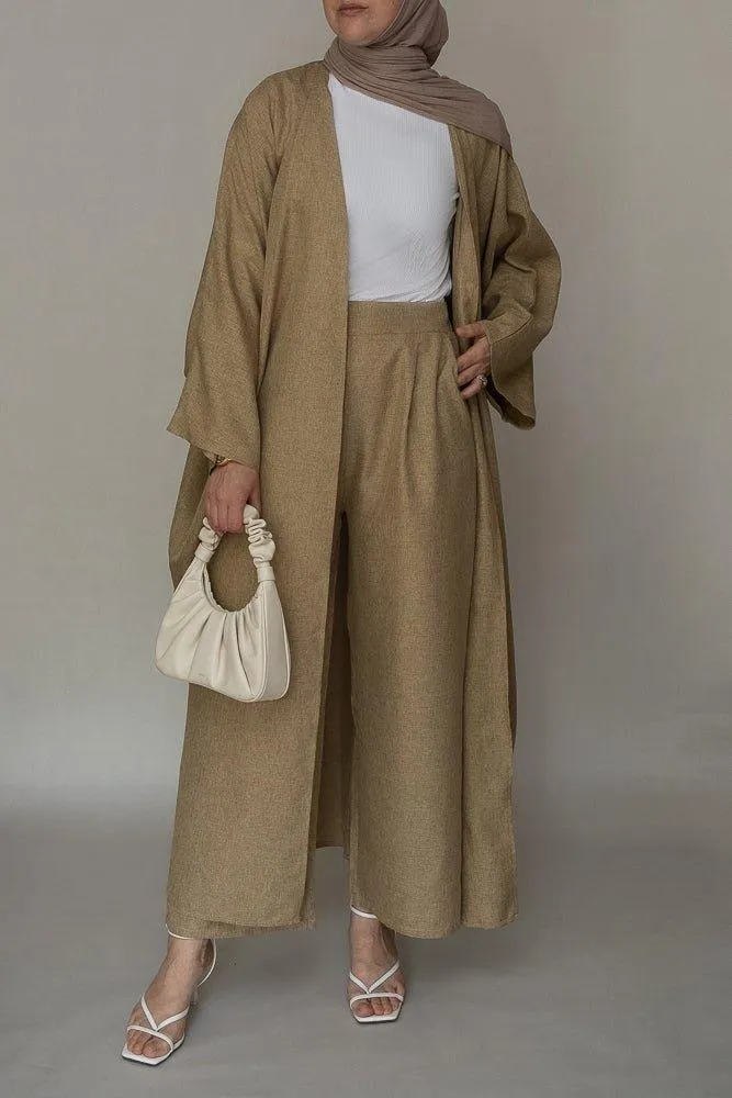 Aroa high waist wide leg palazzo trouser in khaki with pockets bisht fabric