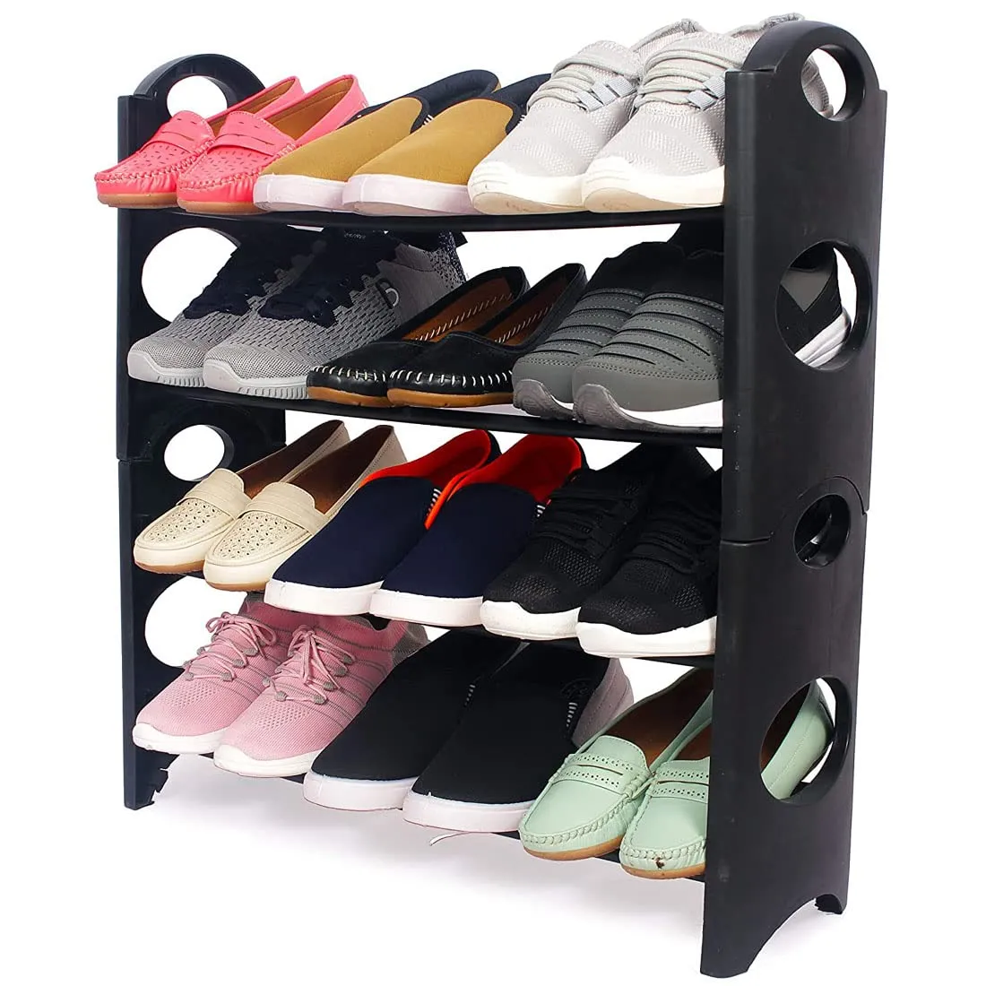 Arovemic RACK HOME classic Multipurpose Foldable Shoe Rack Cabinet Organiser 4 Shelves, Black (Plastic Shoe Rack ))((6 Months Warranty on Pipe)) sr1