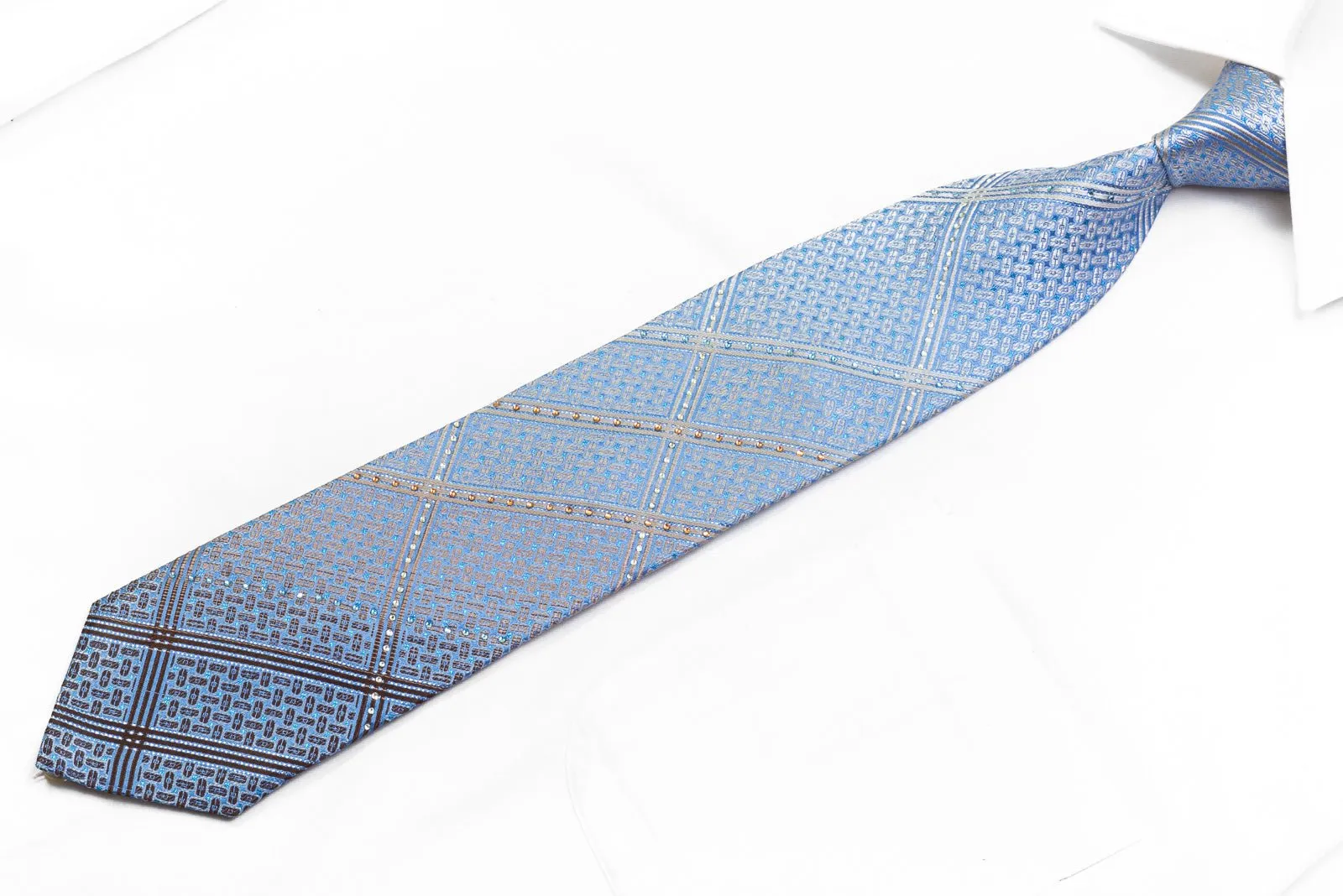 Arpeggio Men's Rhinestone Silk Necktie Stripes & Geometric On Blue With Sparkles