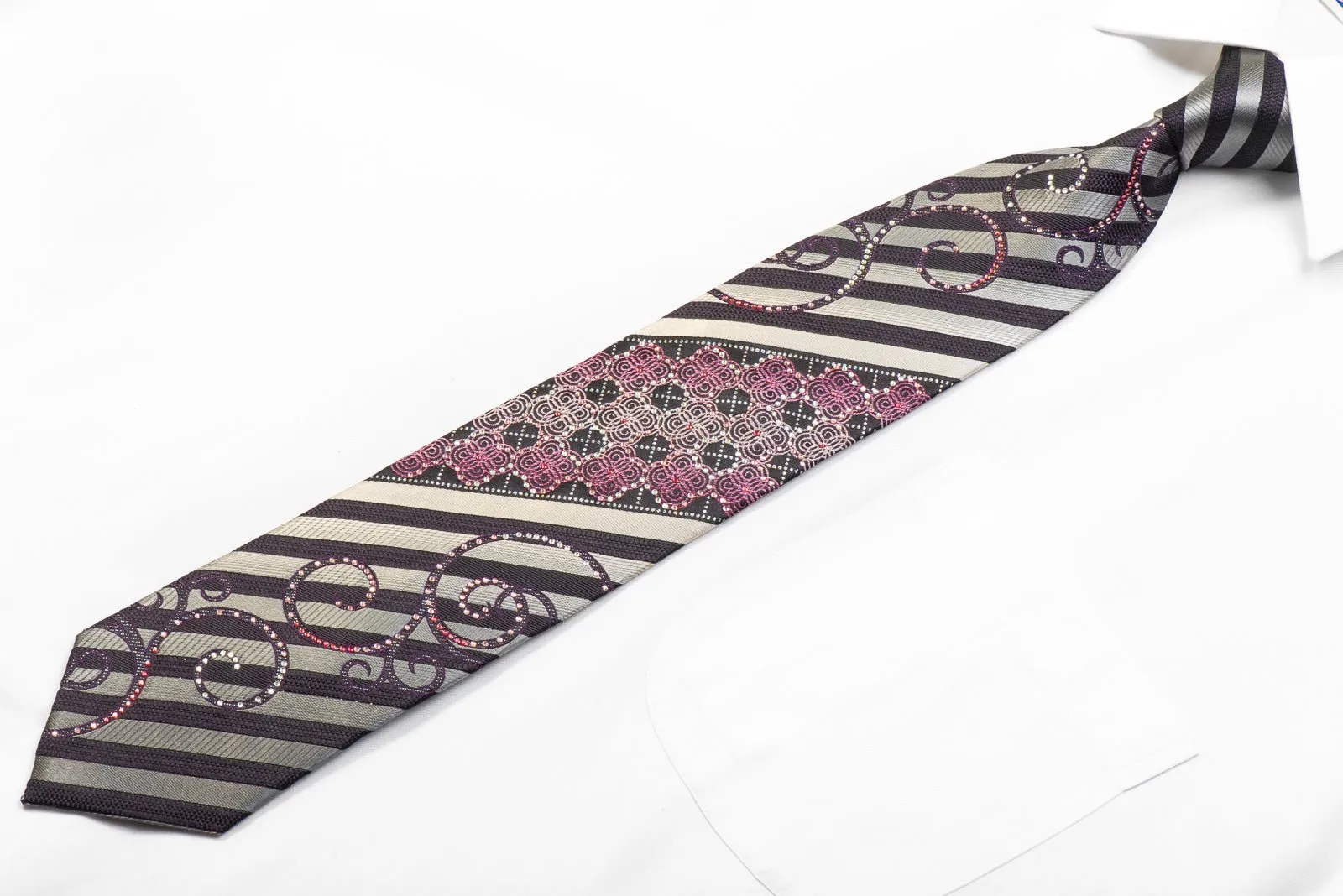 Arpeggio Rhinestone Necktie Silver Striped Scrolls On Black With Sparkles