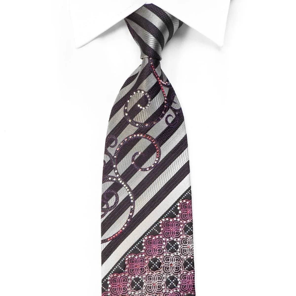 Arpeggio Rhinestone Necktie Silver Striped Scrolls On Black With Sparkles