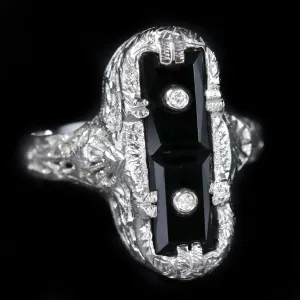 Art Deco 14K White Gold Onyx and Diamond Ring