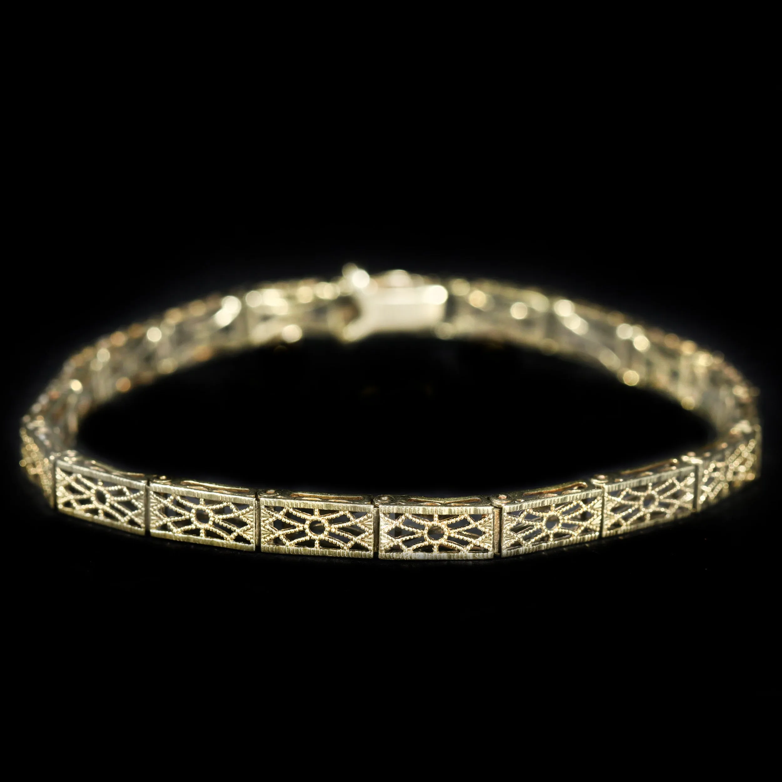 Art Deco 14k Yellow Gold Filigree Bracelet, 7.25"