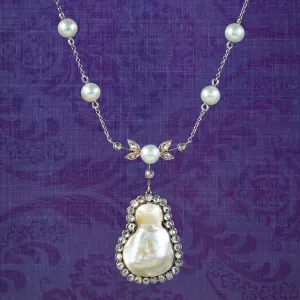 Art Deco Baroque Pearl Diamond Lavaliere Necklace 18ct Gold 2ct Of Diamond