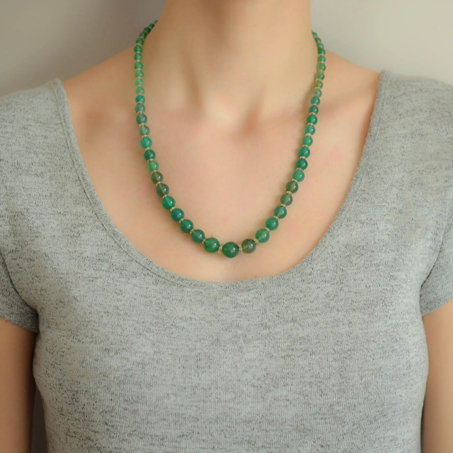 Art Deco Chrysoprase   Rock Crystal Bead Necklace 22"