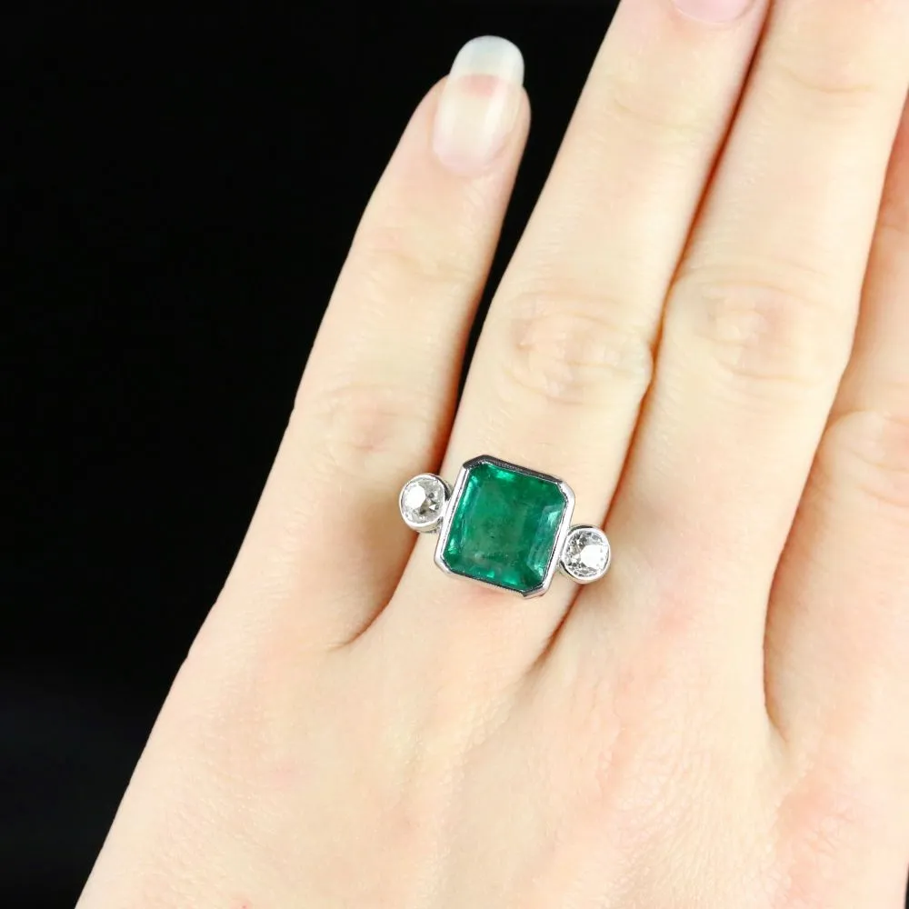 Art Deco Emerald Diamond Platinum Ring 8Ct Emerald 1.20Ct Diamond