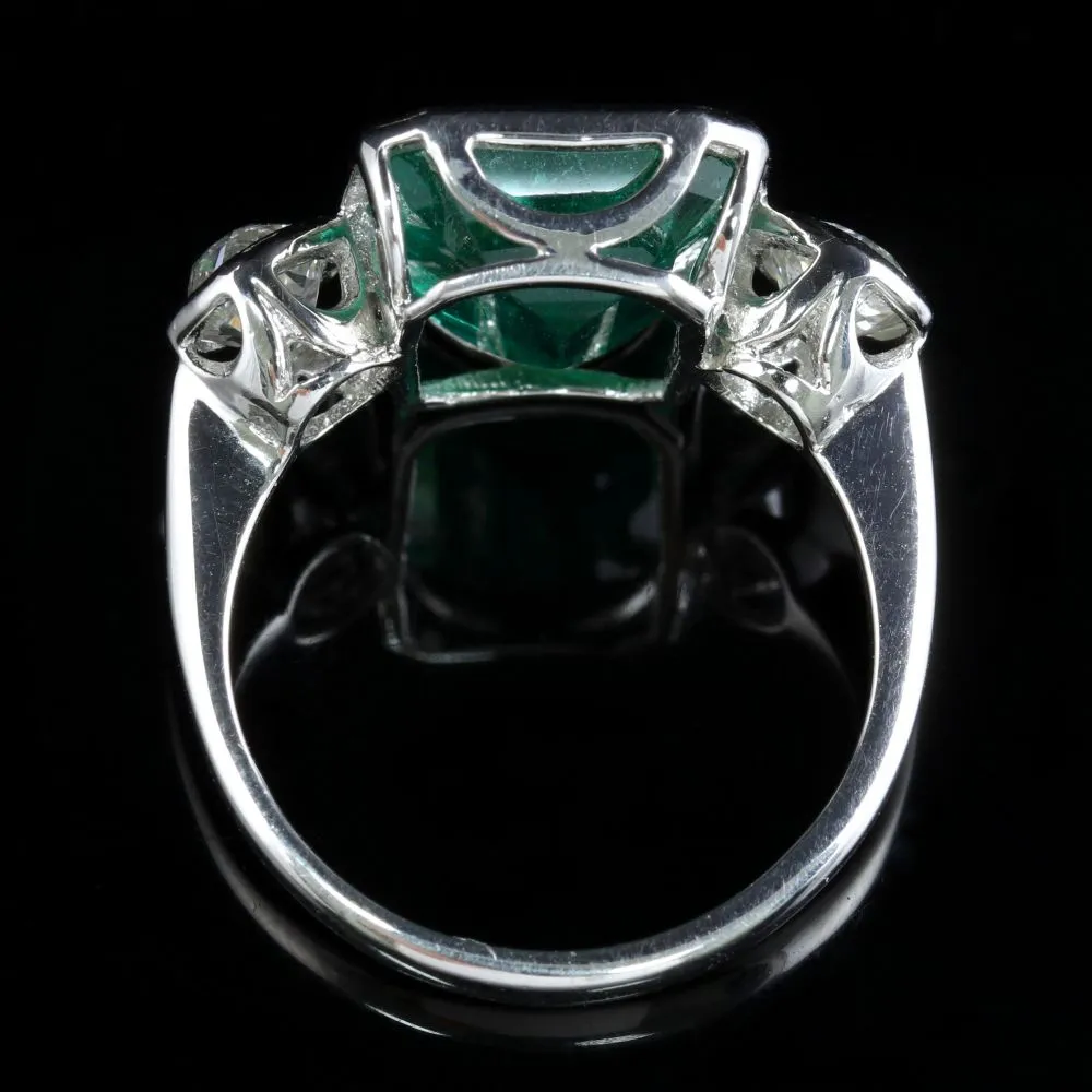 Art Deco Emerald Diamond Platinum Ring 8Ct Emerald 1.20Ct Diamond