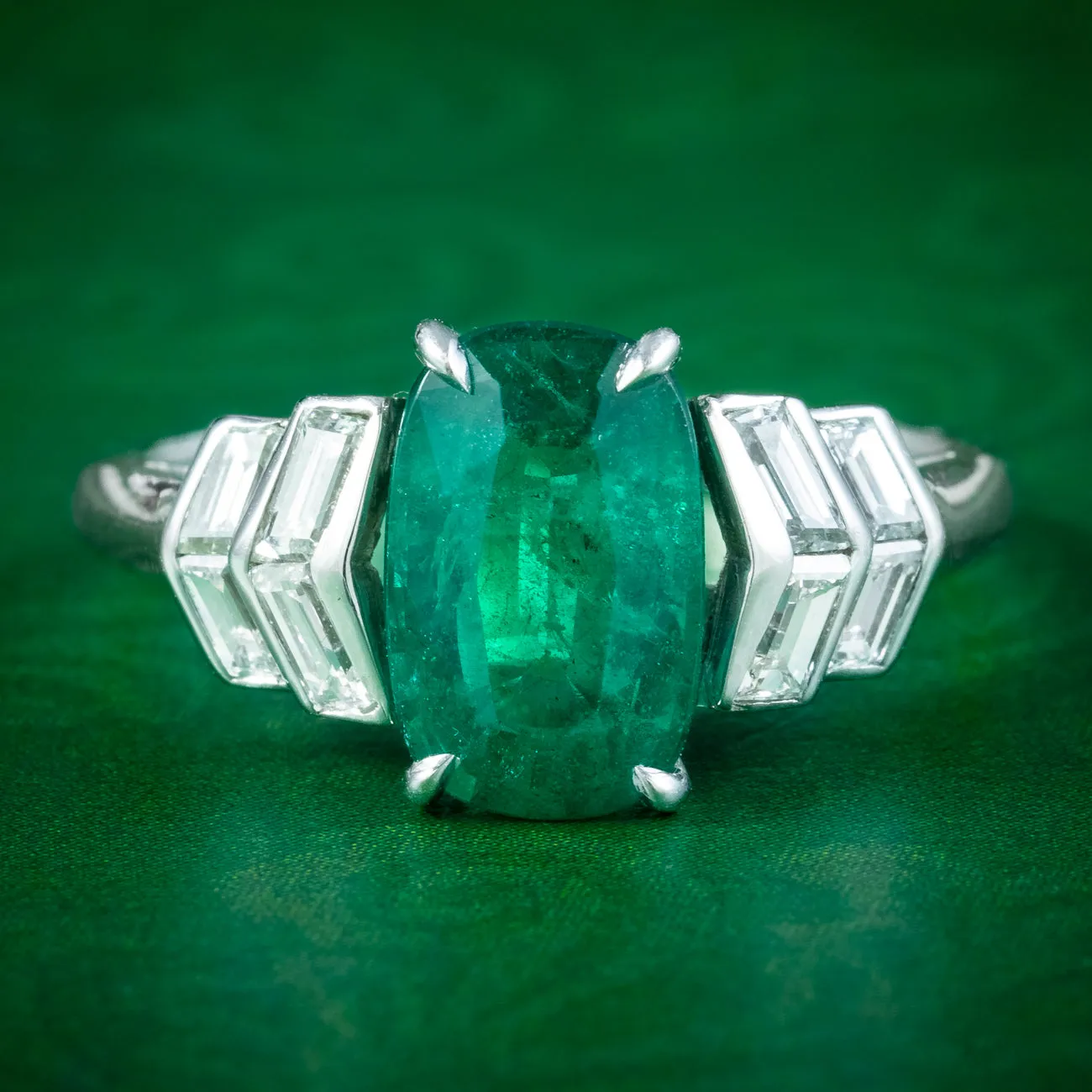 Art Deco Emerald Diamond Ring 1.67ct Emerald With Cert