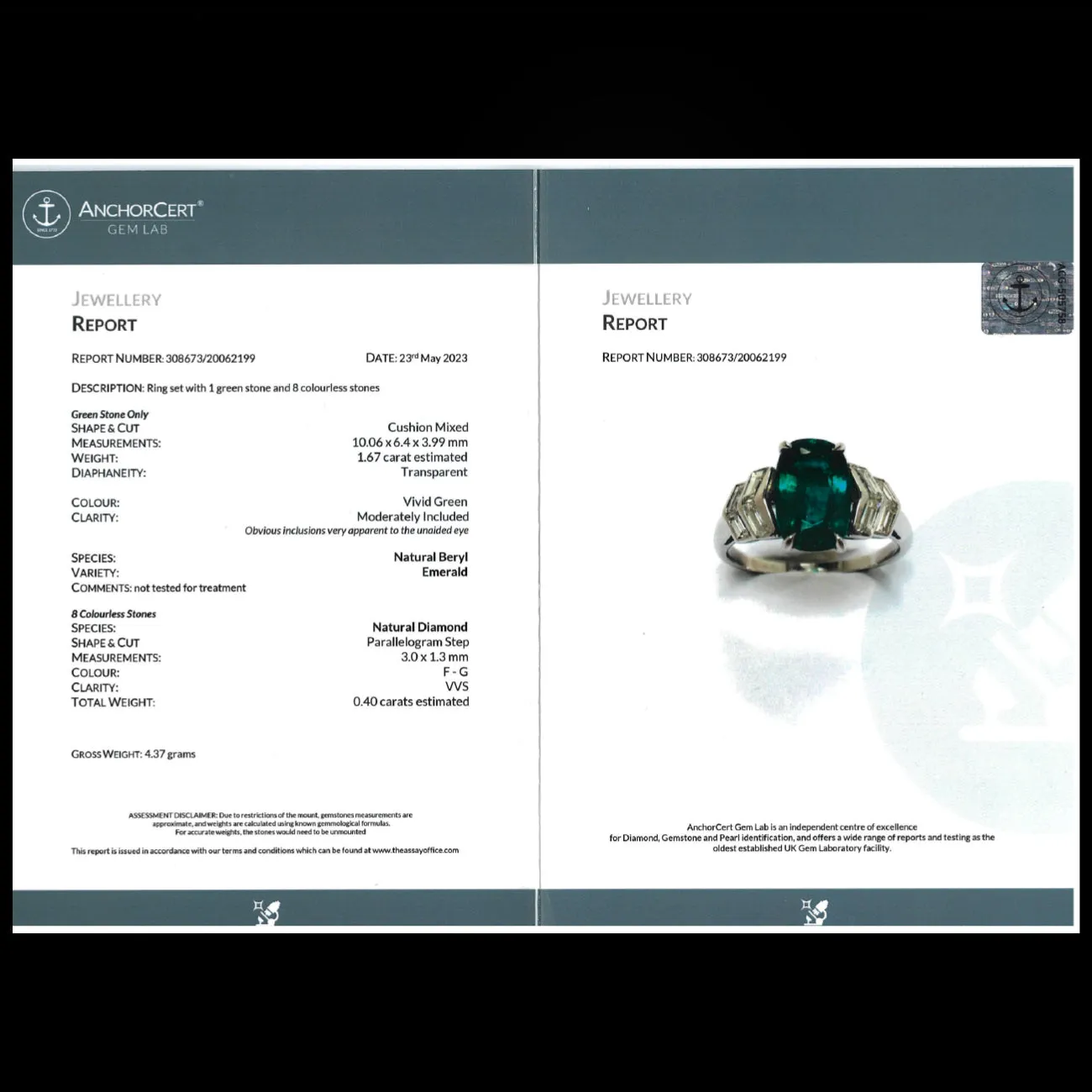 Art Deco Emerald Diamond Ring 1.67ct Emerald With Cert