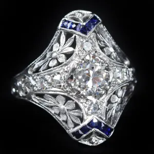 Art Deco GIA 0.73 Carat Old European Cut Diamond and Sapphire Ring