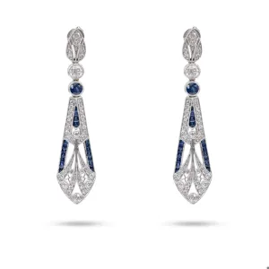 Art Deco Inspired Diamond Sapphire Platinum Dangle Earrings