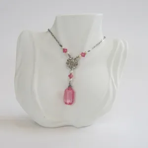 Art Deco Pink Glass Faux Pearl Floral Pendant