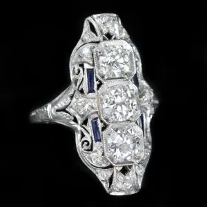 Art Deco Platinum 2.12 CTW Diamond & Sapphire Ring