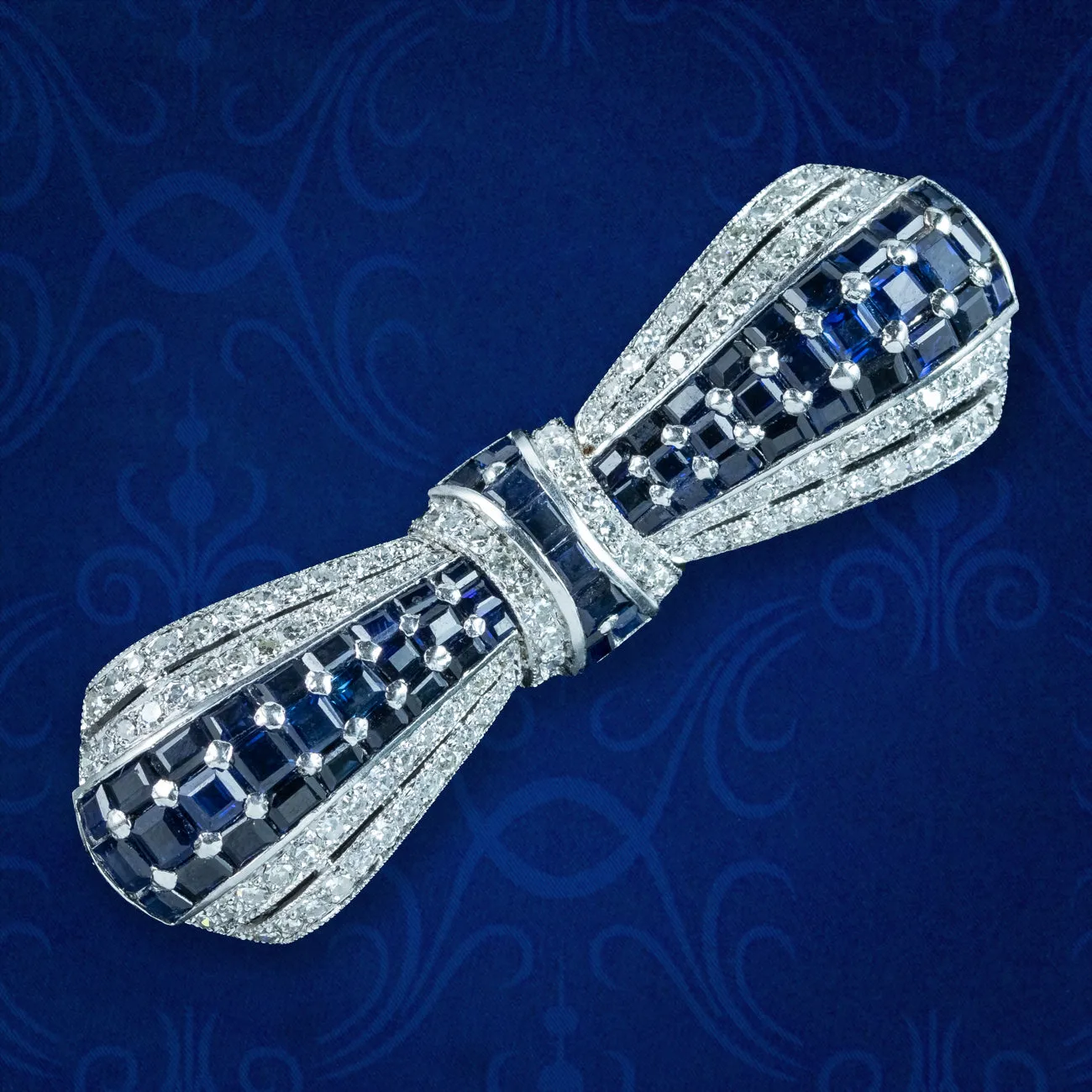 Art Deco Sapphire Diamond Bow Brooch Platinum