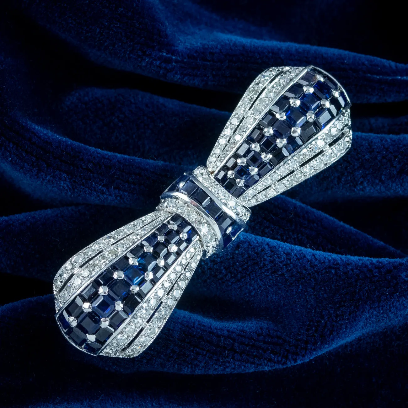 Art Deco Sapphire Diamond Bow Brooch Platinum