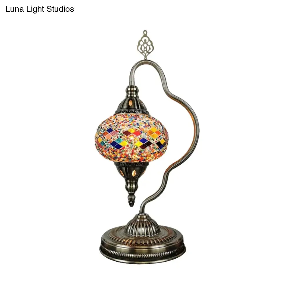 Art Deco Stained Glass Globe Table Lamp with Curvy Arm - White/Red/Yellow