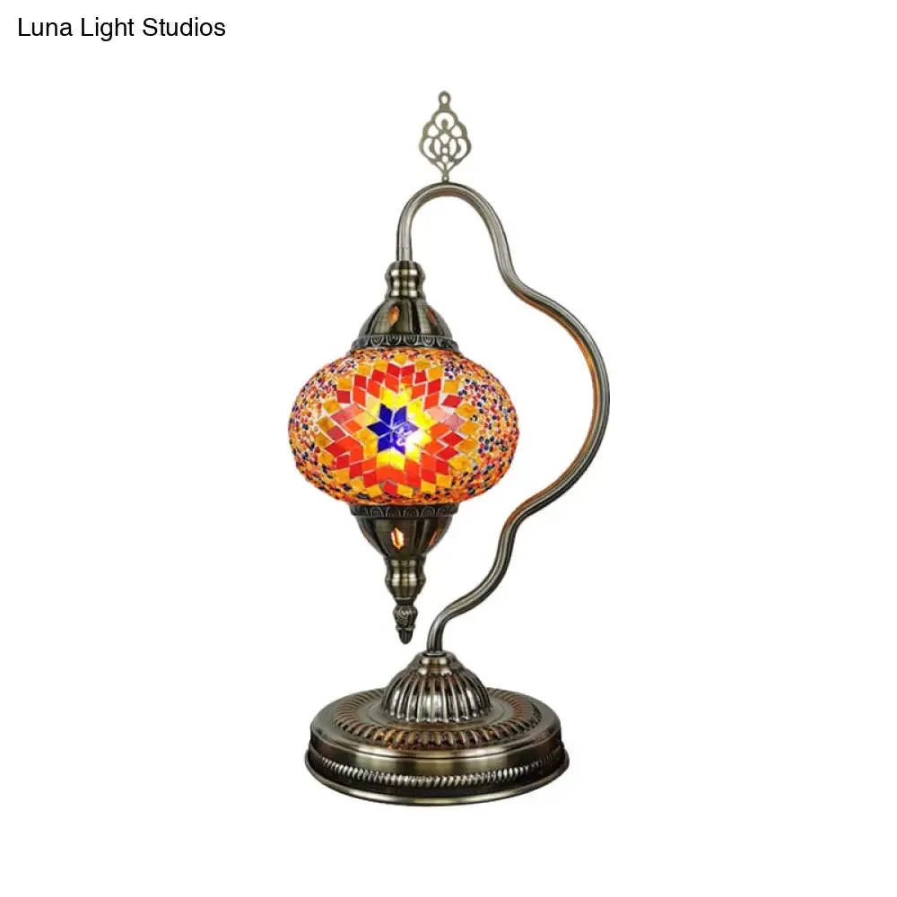 Art Deco Stained Glass Globe Table Lamp with Curvy Arm - White/Red/Yellow