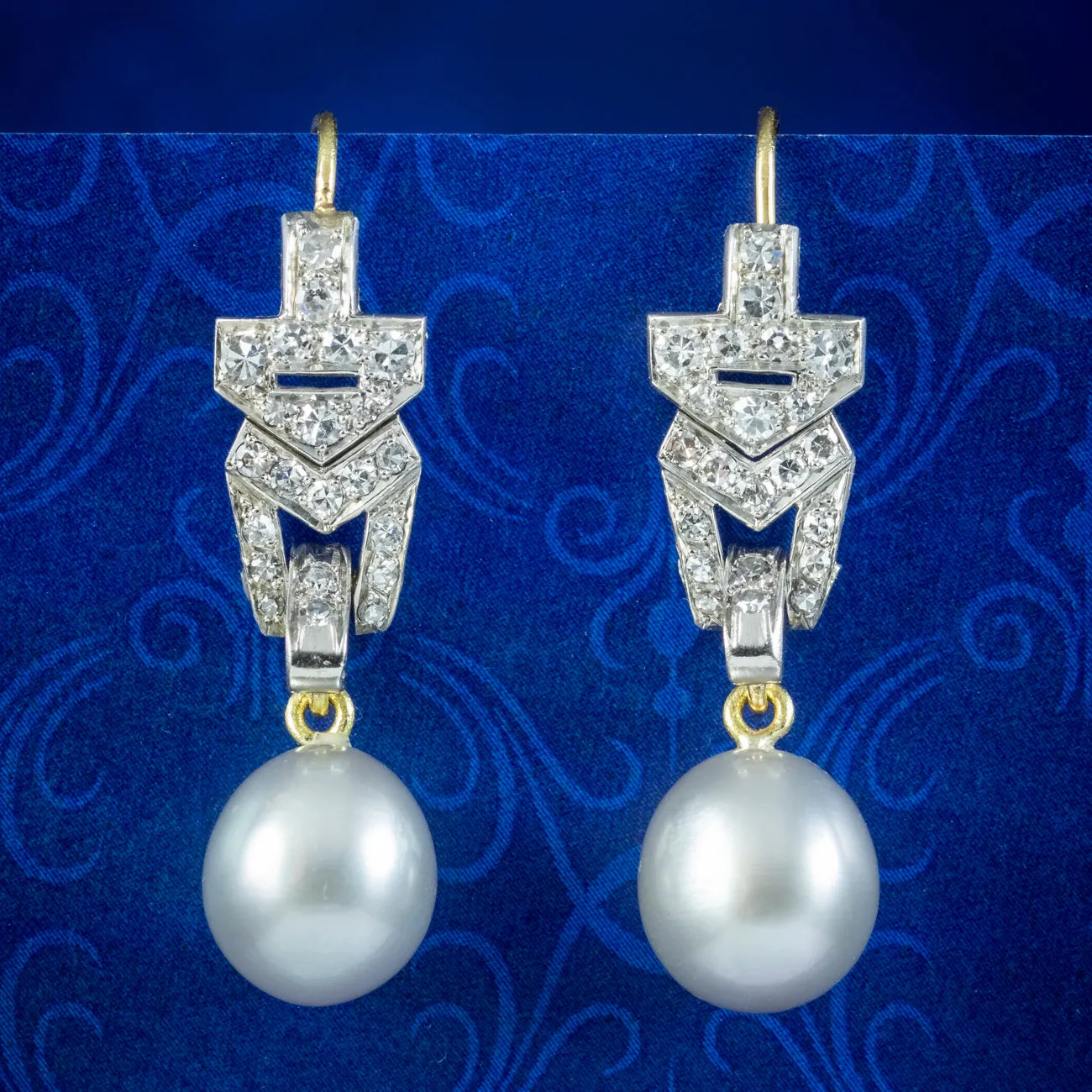 Art Deco Style Diamond Pearl Drop Earrings 1ct Of Diamond