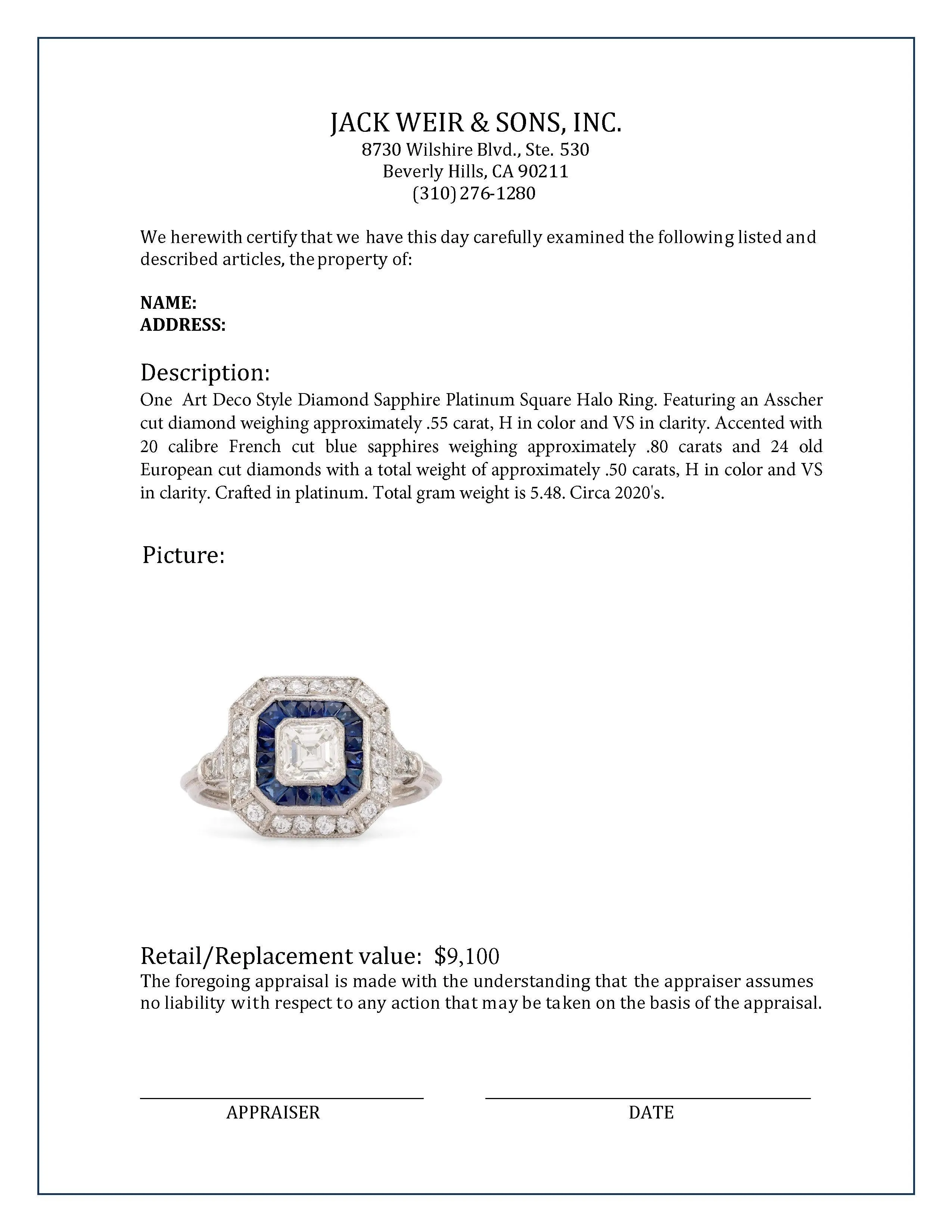 Art Deco Style Diamond Sapphire Platinum Square Halo Ring