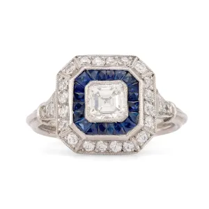 Art Deco Style Diamond Sapphire Platinum Square Halo Ring