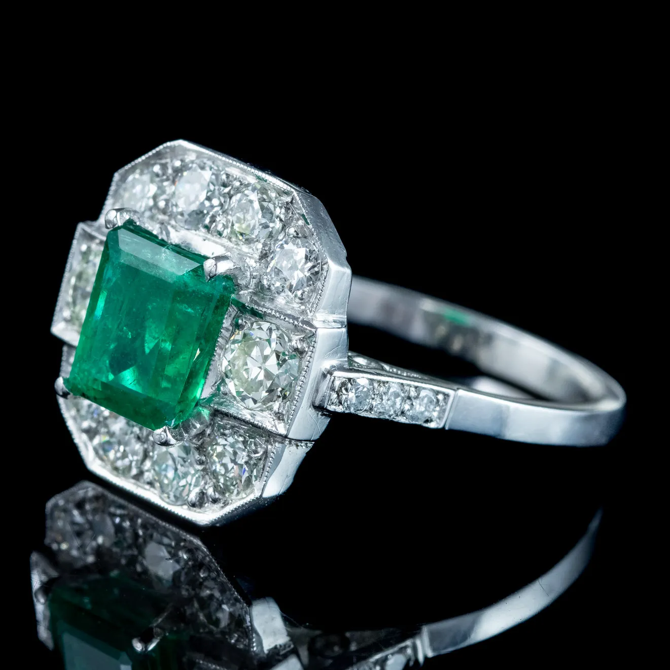 Art Deco Style Emerald Diamond Cluster Ring 1.8ct Emerald