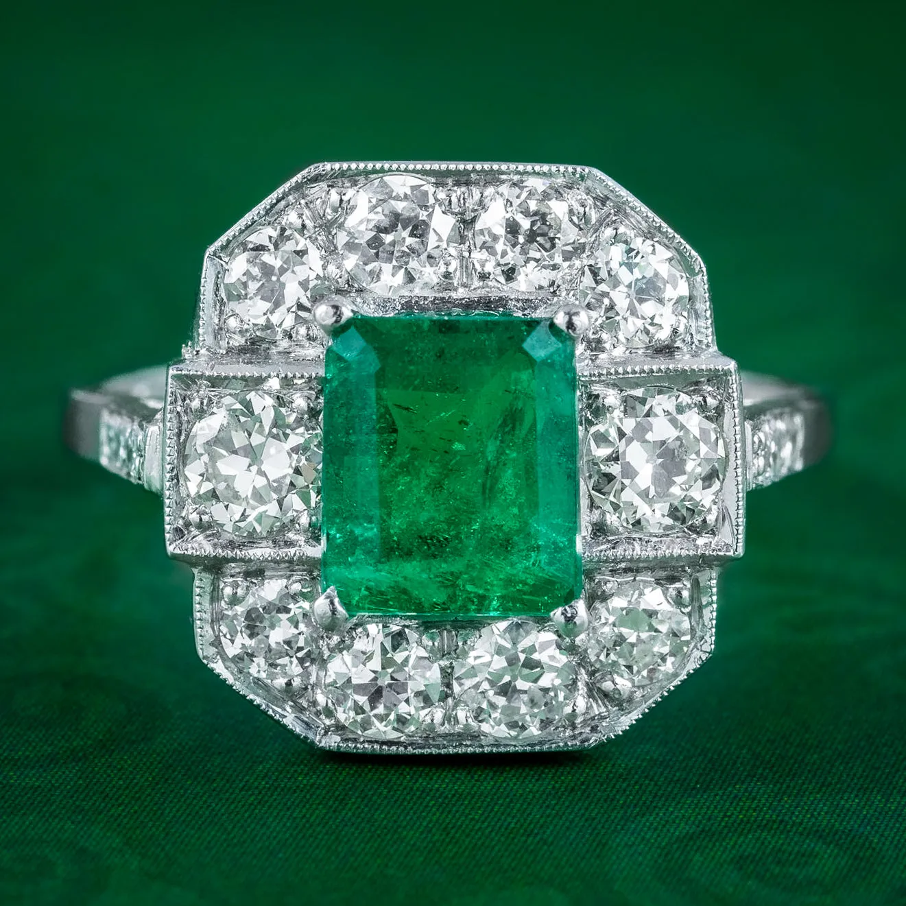 Art Deco Style Emerald Diamond Cluster Ring 1.8ct Emerald