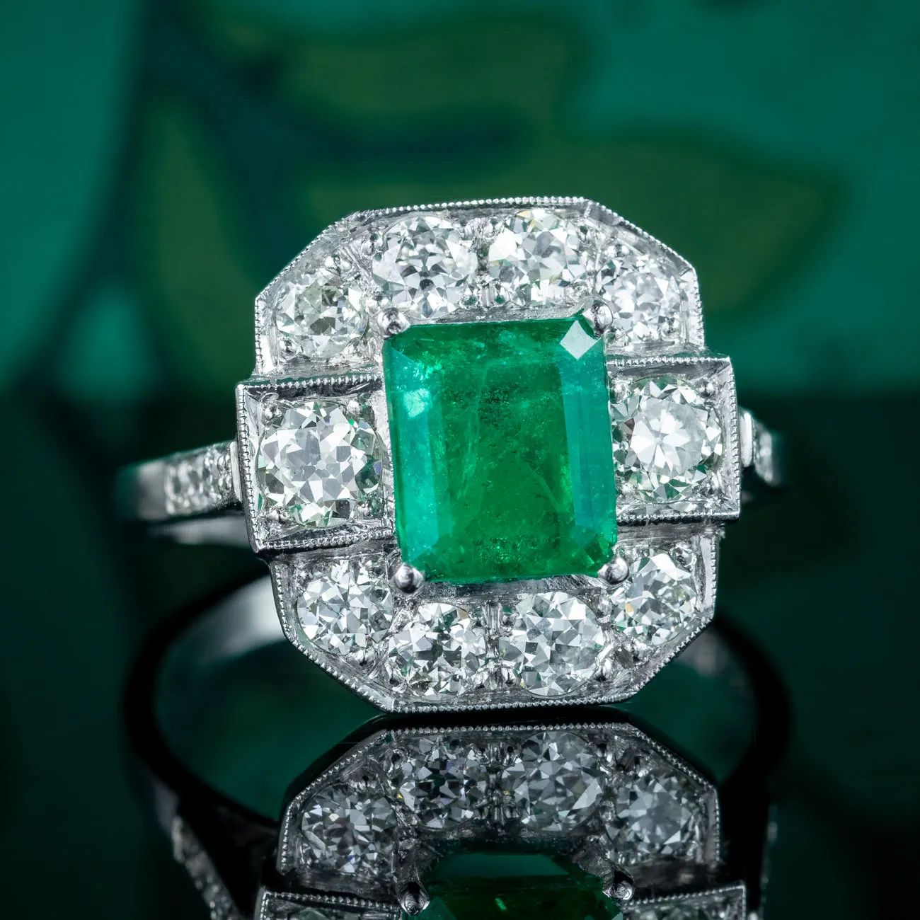 Art Deco Style Emerald Diamond Cluster Ring 1.8ct Emerald