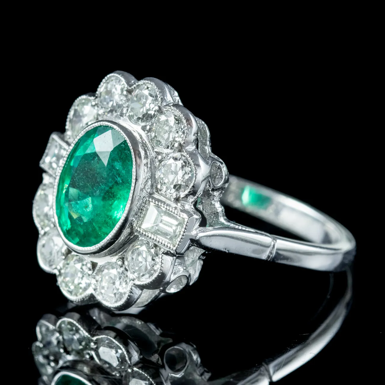 Art Deco Style Emerald Diamond Cluster Ring 2ct Emerald