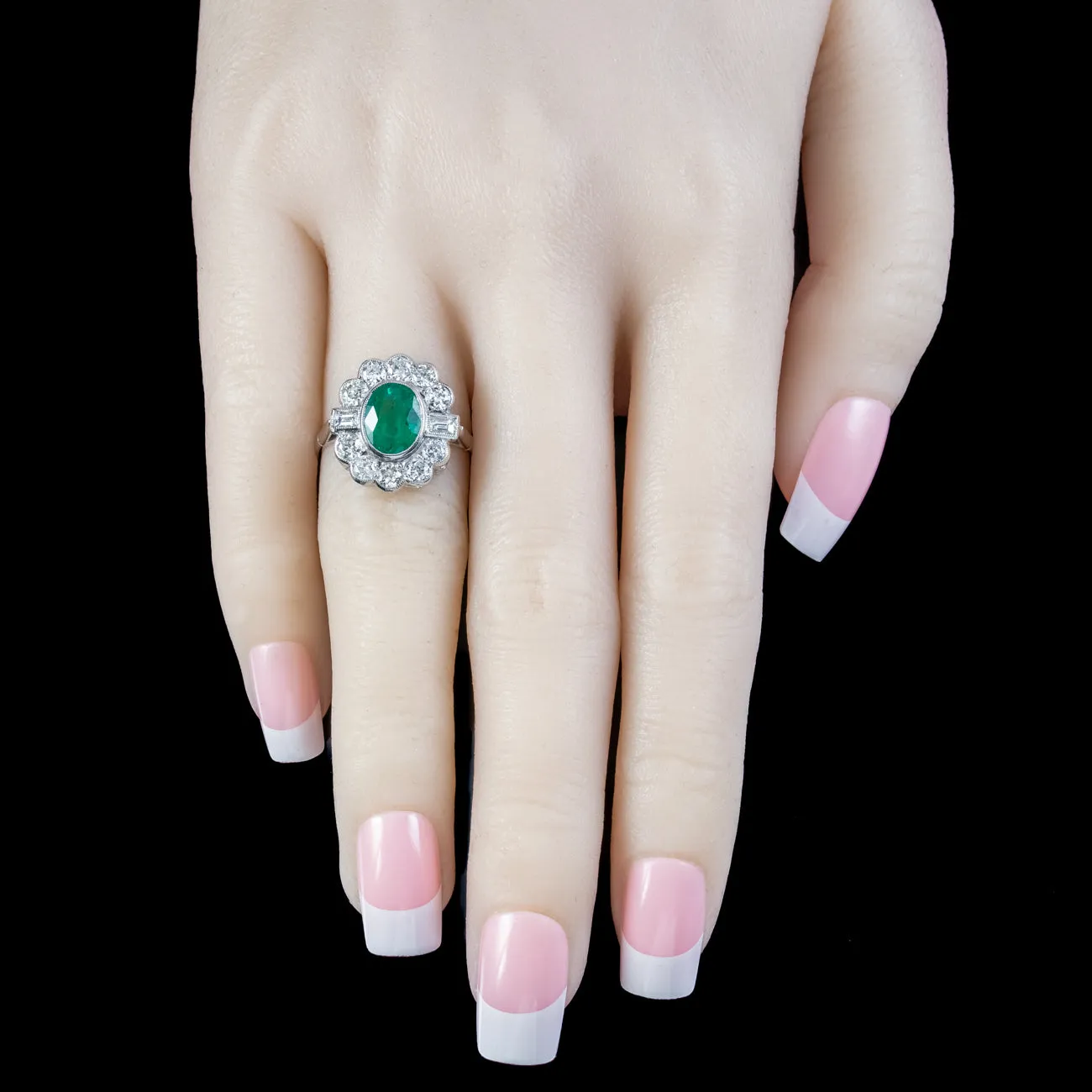 Art Deco Style Emerald Diamond Cluster Ring 2ct Emerald