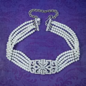 Art Deco Style Five Strand Pearl Choker Necklace