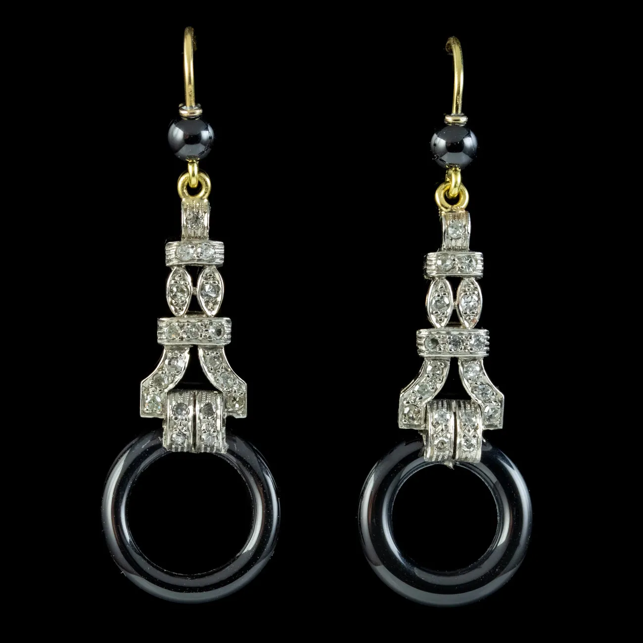 Art Deco Style Onyx Diamond Drop Earrings Platinum 18ct Gold