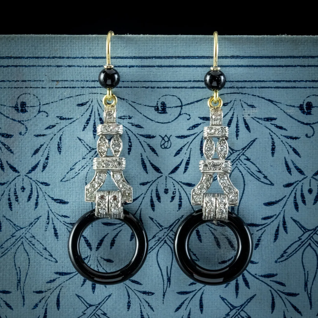 Art Deco Style Onyx Diamond Drop Earrings Platinum 18ct Gold