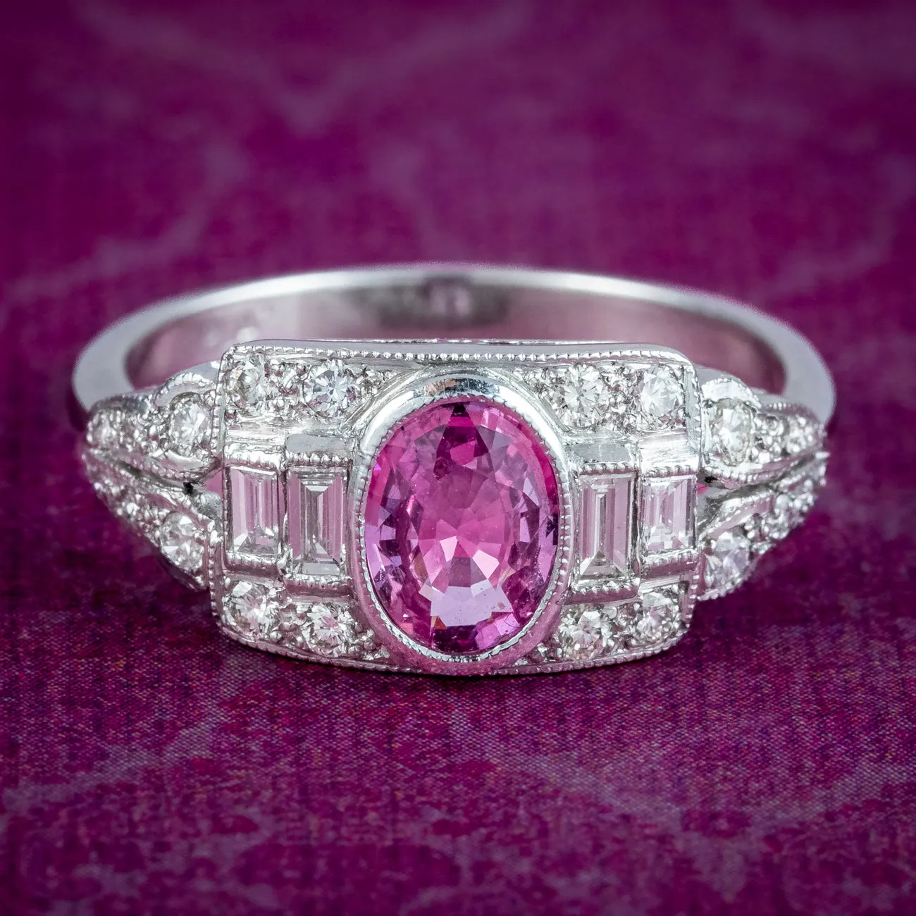 Art Deco Style Pink Sapphire Diamond Cluster Ring 0.65ct Sapphire