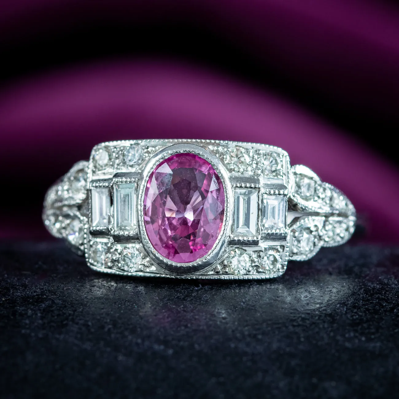 Art Deco Style Pink Sapphire Diamond Cluster Ring 0.65ct Sapphire