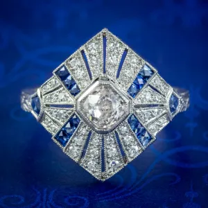 Art Deco Style Sapphire Diamond Cluster Ring 0.66ct Diamond