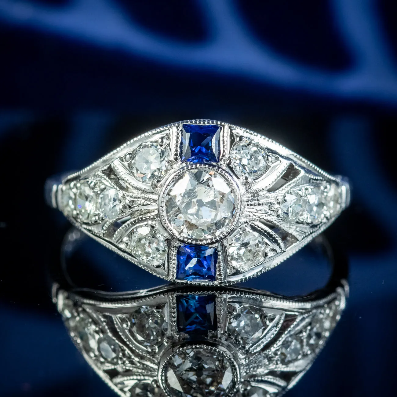 Art Deco Style Sapphire Diamond Cluster Ring 1.05ct Of Diamond