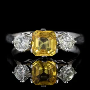 Art Deco Style Yellow Sapphire Diamond Trilogy Ring Platinum 1.45ct Sapphire