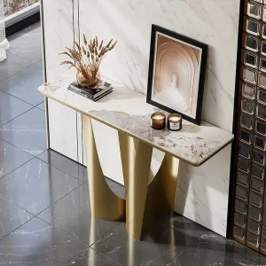 Art Deco White & Gold Console Table with Sintered Stone Top & Stainless Steel Base