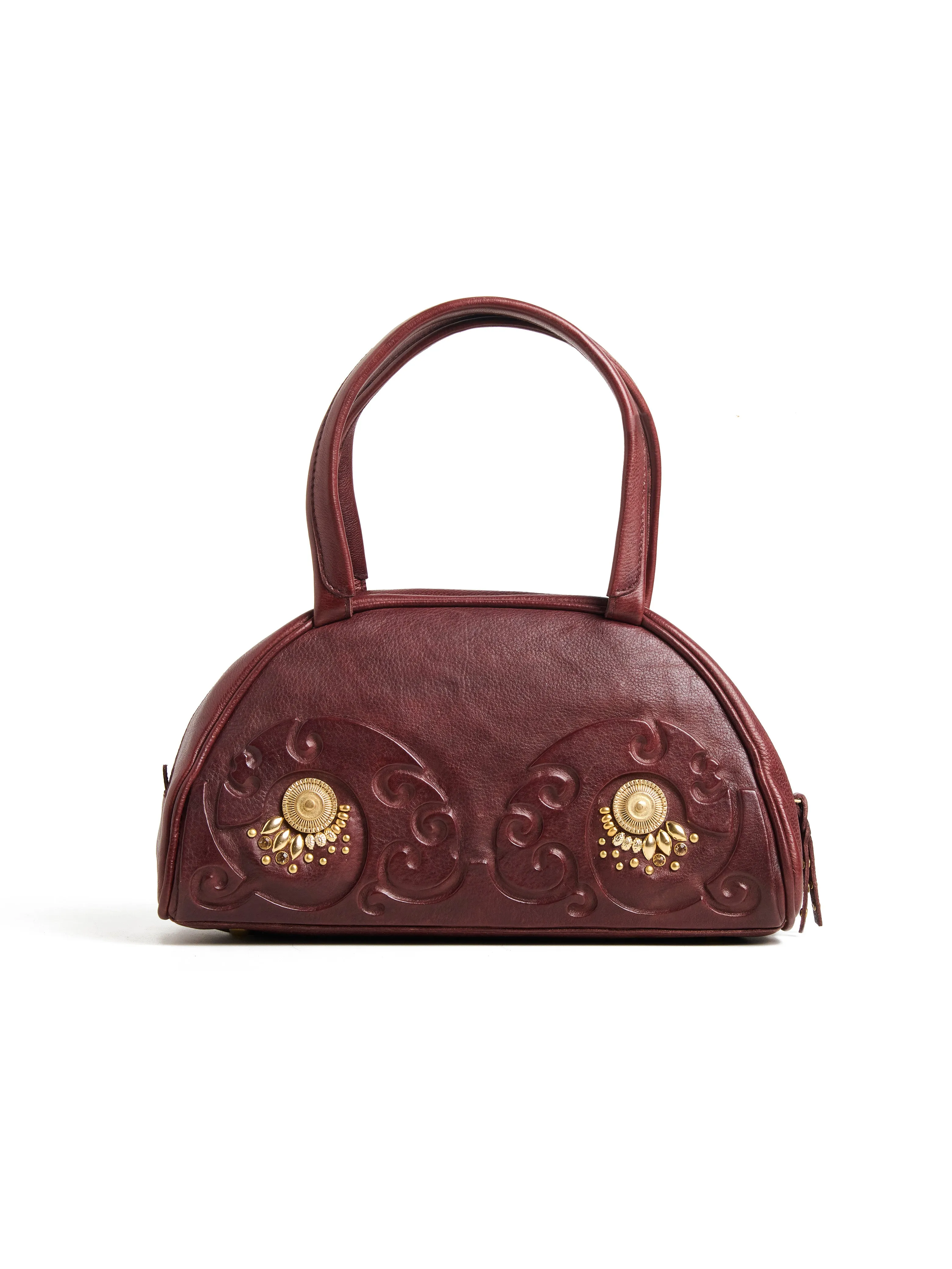 Art N Vintage Artisan-Crafted Leather Bag with Swirl Embossing and Brass Accents Brown