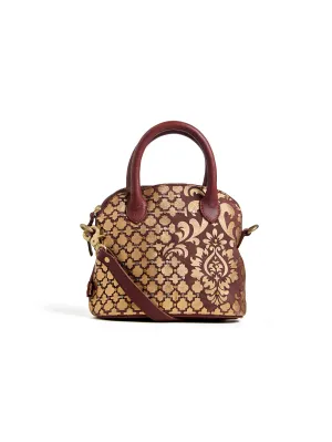 Art N Vintage Real Leather Vintage Handbag with Gold Intricate Pattern- Brown